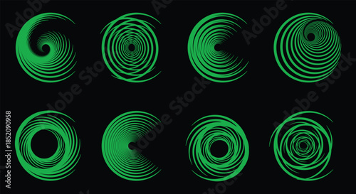 Green Spiral Swirls. Hypnotic Vortex. A vector set of abstract circles, dynamic twirls, and optical illusion tunnels for motion graphic, logo design, and background texture.
