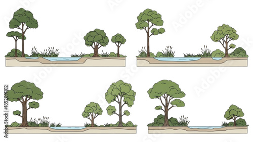 Illustrations of tree silhouettes against a water body from different viewpoints