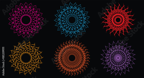 Colorful Mandala Set. Geometric Ornaments. A vector collection of abstract spirograph shapes, snowflakes, and circular flowers for decoration, tattoo design, and holiday background.