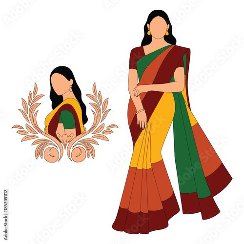 Elegant Women in Saree Illustrating Traditional Indian Attire with a Decorative Floral Motif Showcasing Cultural Fashion and Artistic Design