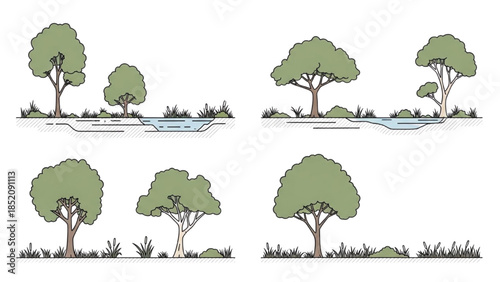 Serene landscape illustration featuring trees and water from various viewpoints
