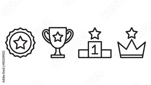 Achievement Icons with Stars in Minimalist Design on Black and White Color in Line Art Format for Award and Recognition