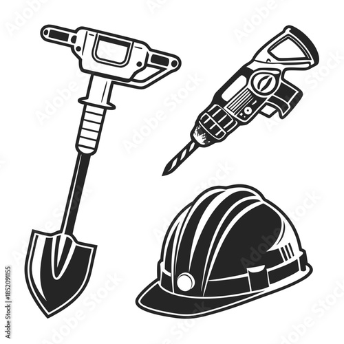 Construction Tools Line Art Icons Set with Safety Helmet