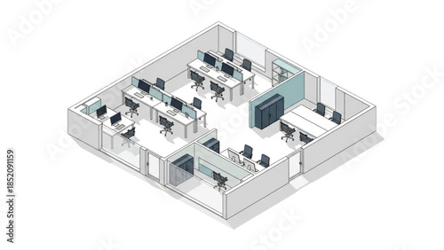 Isometric illustration of a modern office space with workstations and meeting room