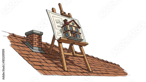 An artist's canvas on an easel stands on a rooftop with a chimney, overlooking a house illustration.