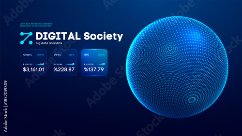 Ai sphere bg with data globe circle and particle network connect. Abstract vector big with dot geometric futuristic and analytics round artificial. Analysis effect ai with web intelligence data.