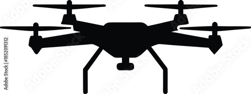 Black silhouette of a quadcopter drone with camera vector illustration icon