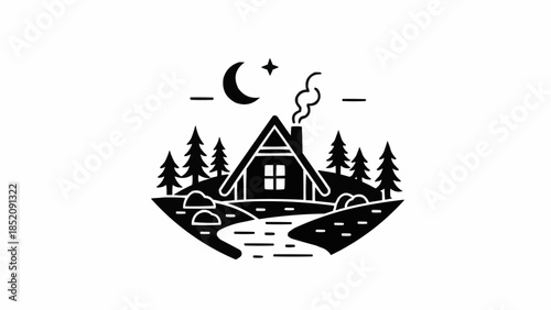 Cabin House Illustration with Trees and Moon.
