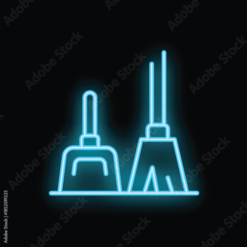 Neon sign of a broom and dustpan glowing on a black background, perfect for businesses and concepts related to cleaning