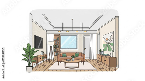 A serene living room scene with furniture and decor, viewed from the entrance