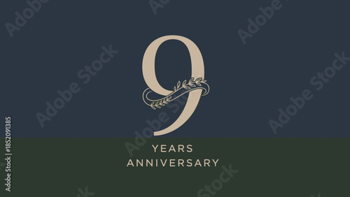 Classic Golden 9 Years Anniversary Design with Laurel Wreath on a Dark Green Background.