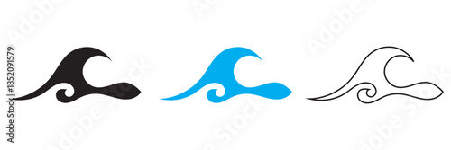 Stylized ocean wave icon.  Stylized ocean wave illustrations in monochrome, suitable for logos, tattoos, prints, surfing themes, and Japanese-inspired graphic design.
