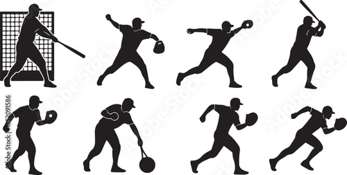 Baseball player action silhouette icons set