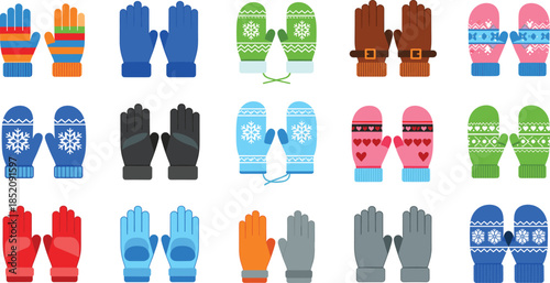 Winter Gloves And Mittens Collection In Different Colors And Patterns Isolated On White Background Flat Vector Illustration