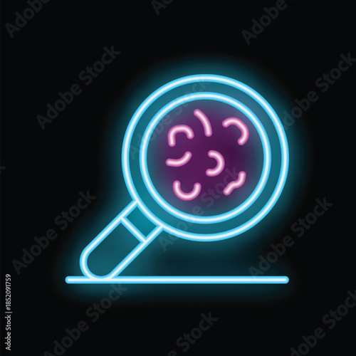 Neon magnifying glass detecting bacteria virus germs icon illustration vector