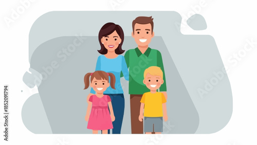 Happy Family with Two Children Standing Together.