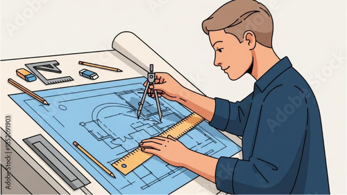 Man working on architectural blueprint at desk with drafting tools