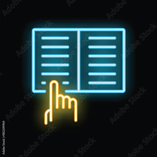 Glowing neon icon of a hand with index finger extended pointing at an open book, representing the act of reading