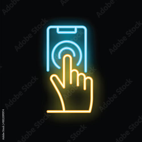 Neon sign icon of a hand touching a smartphone screen
