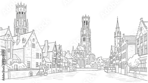 A serene illustration of a historic town with medieval architecture and a prominent church tower