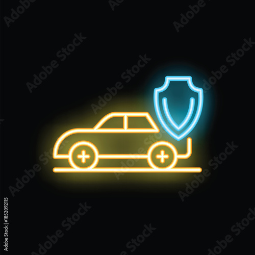 Glowing neon icon of a car insurance policy protecting a vehicle, symbolizing automotive safety and financial security