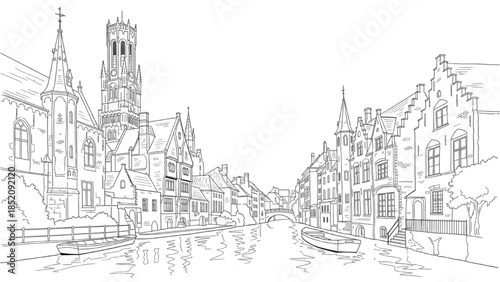 A serene canal scene in a historic town with buildings and a church tower