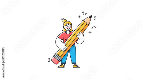 A cartoon person happily holding a giant pencil, surrounded by creativity sparks