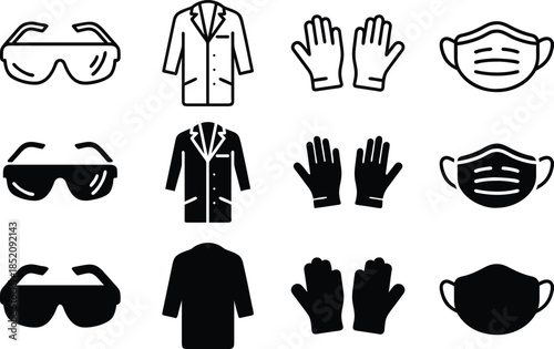 Safety Medical Laboratory Personal Protective Equipment Goggles Gloves Mask Coat Vector Silhouette and Pictogram Icon Set.eps