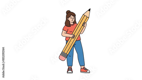 A young woman holding a giant pencil in a playful stance