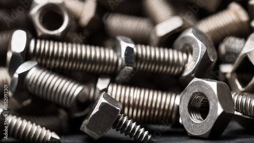 Close-up of Stainless Steel Bolts and Hex Nuts Industrial Background
