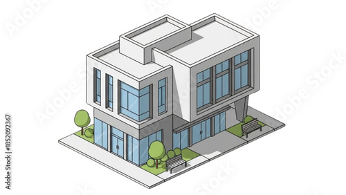 Isometric illustration of a modern two-story building with a flat roof and blue windows surrounded by greenery