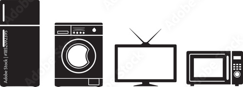 Iconic silhouettes of modern household appliances refrigerator washing machine tv microwave