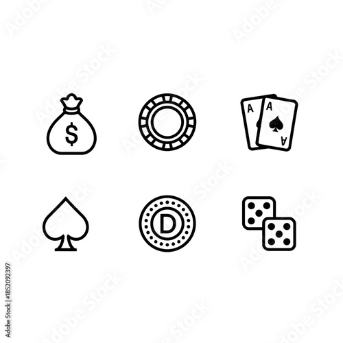 Simple line icons representing casino games gambling and related elements