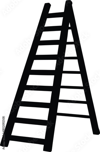 A simple black ladder stands vertically against vector, Black silhouette of a straight ladder leaning against a white background a striking silhouette