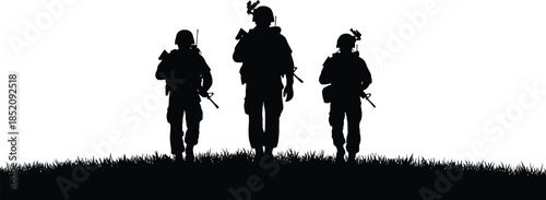 Silhouettes of three soldiers walking on a grassy hill against a bright white background, carrying rifles and wearing helmets. AI Generative