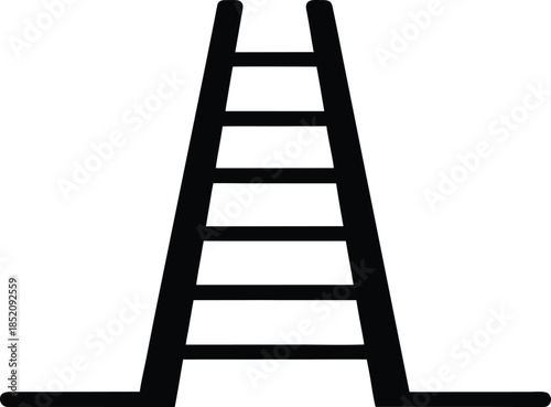A simple black ladder stands vertically against vector, Black silhouette of a straight ladder leaning against a white background a striking silhouette