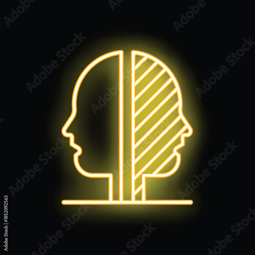 Glowing neon icon representing a human head divided vertically, symbolizing the duality of human nature