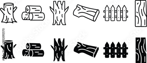 Wooden Timber Logs Tree Stumps Fences And Planks For Carpentry Industry And Nature Construction Projects Vector Silhouette and Pictogram Icon Set.eps