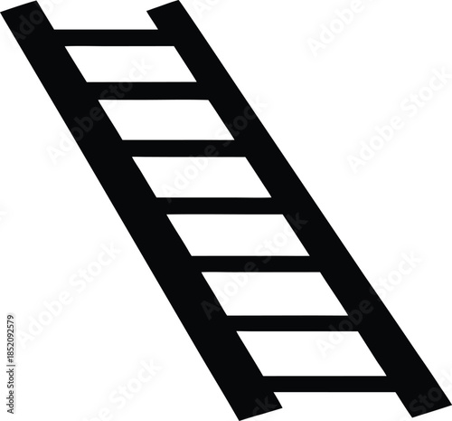 A simple black ladder stands vertically against vector, Black silhouette of a straight ladder leaning against a white background a striking silhouette