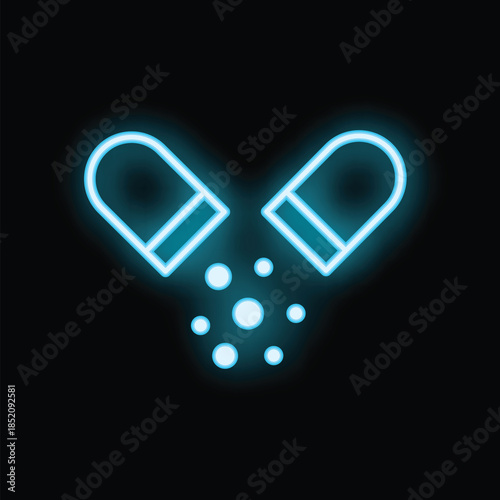 Bright blue neon open medical capsule releasing tiny round pills on black background