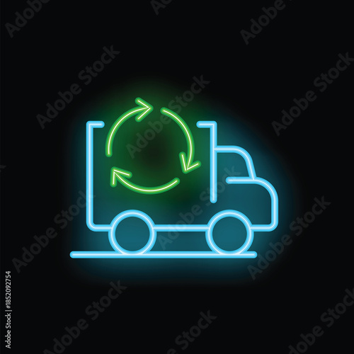 Neon icon of a delivery truck transporting recycling materials, symbolizing eco friendly logistics and sustainable practices