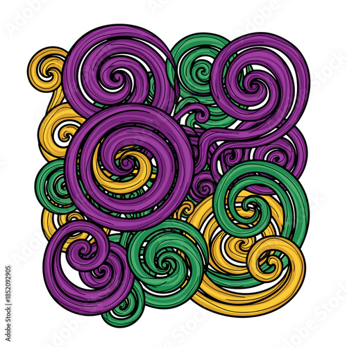 Colorful abstract swirls in purple, green, and gold design  