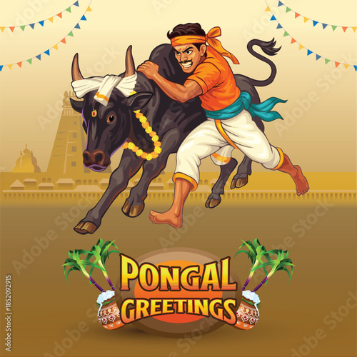 Pongal Greetings with bull and player Tamil Traditional game