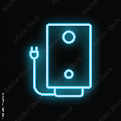 Blue neon icon of a boiler with a power cord, representing the concept of electric water heating