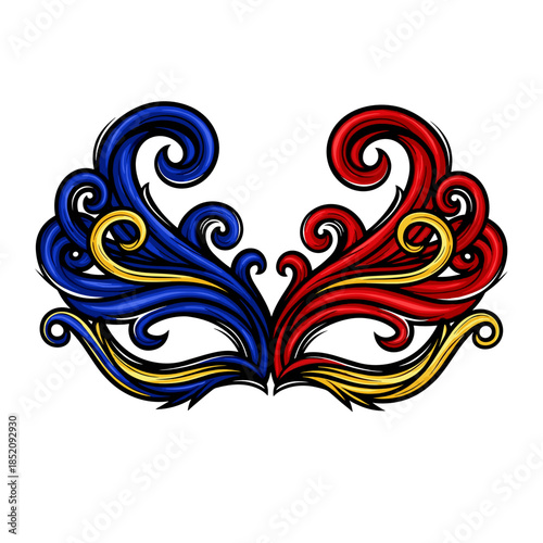 Colorful ornate mask design with swirls in red, blue, and yellow  