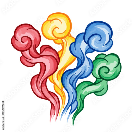 Colorful watercolor smoke wisps in vibrant swirls on white background  