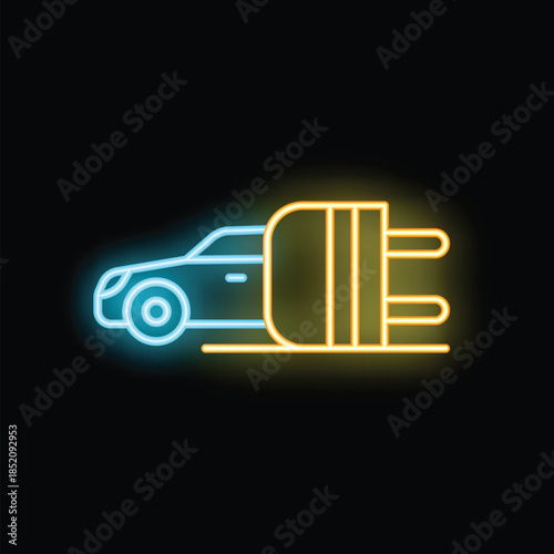 Neon sign illustration depicting an electric car charging with a plug, symbolizing sustainable transportation and eco friendly energy solutions
