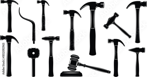 Black, hammer, and, gavel, silhouette, set, construction, tool, carpenter, mallet, judge, law, legal, justice, auction, vector, illustration, isolated, icons, collection.