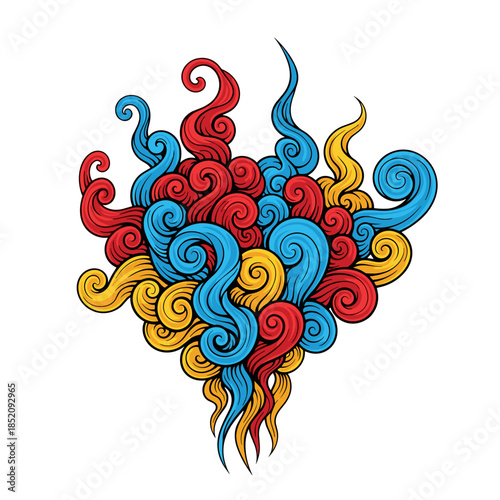 Whimsical colorful smoke patterns in red, blue, and yellow  