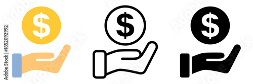 ドルコインをのせた手のアイコンセット/Dollar Coin on Hand Icon Set